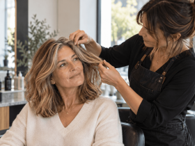 Cabello en la menopausia: 12 claves para asesorar en el salón Consulta capilar en el salon 1 12 Estilista asesorando a una clienta sobre el cuidado del cabello en la menopausia